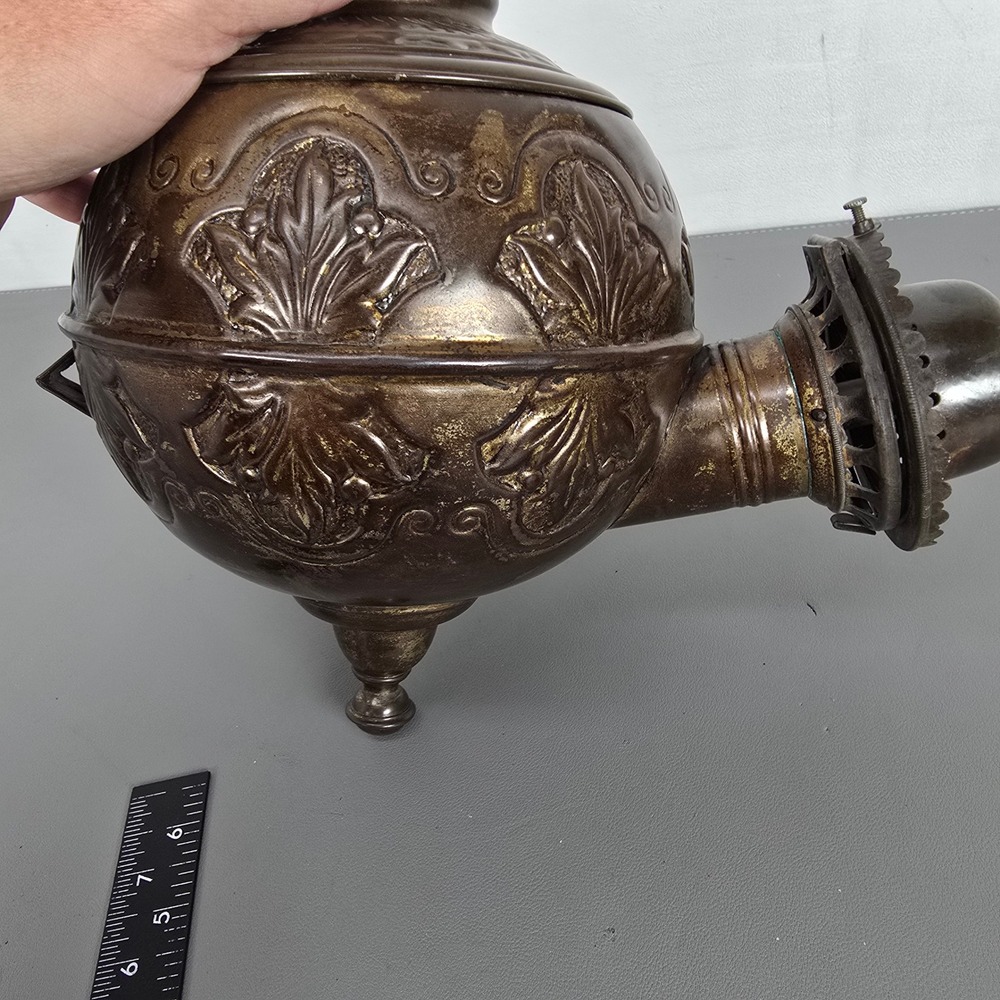 Antique Angle Lamp Co Embossed Copper Oil Lamp Fount Kerosene Burner Victorian - Picture 7 of 16